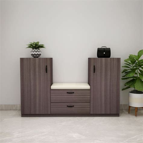 Elegant Walnut Finish Shoe Cabinet with Cushioned Seat, Dual Drawers ...