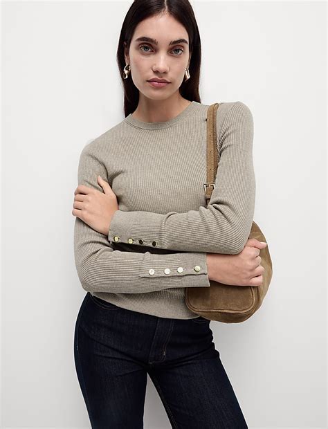 Buy Ribbed Crew Neck Button Detail Jumper at Marks & Spencer