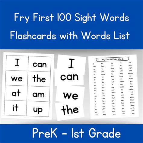 Printable Fry First 100 Sight Words Flashcards With Words List. Prek ...