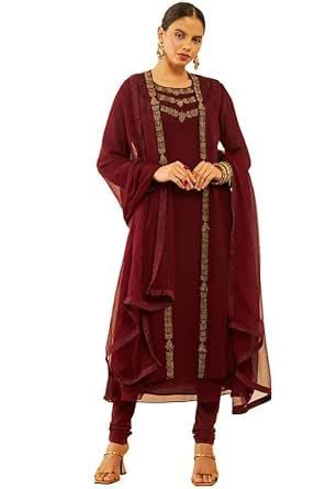 Buy Soch Womens Maroon Georgette Cutdana Work Suit Set with Jacket and ...