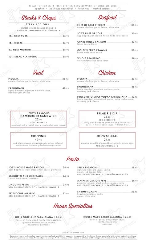 Menu at Original Joe's steakhouse, San Francisco, 601 Union St