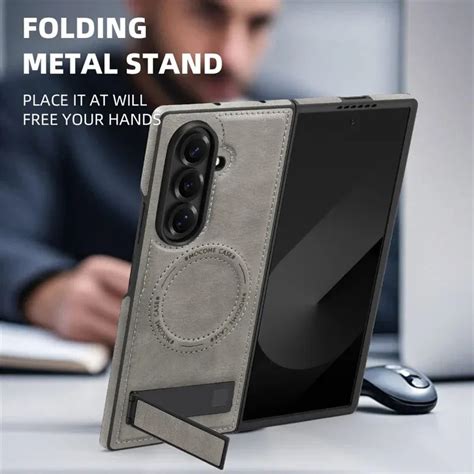 Samsung Galaxy Z Fold7 Leather Case with MagSafe & Kickstand - Grey ...