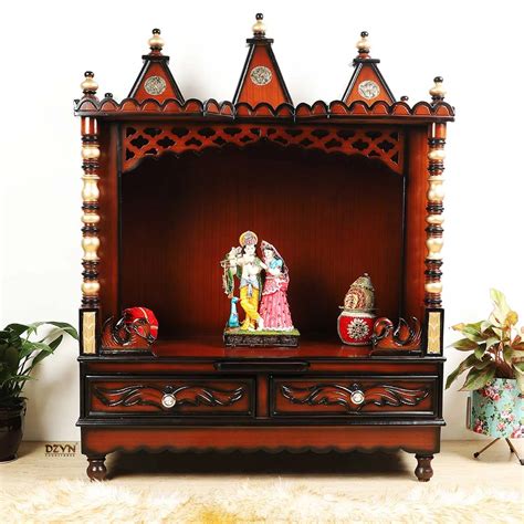 Mandirs | Teak Wood Brown Gold Pooja Mandir | Abhikya Sadana – DZYN ...