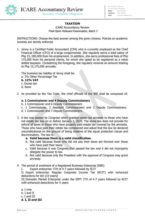 TAX FPB with Answer Keys - Lipa City, Batangas, Philippines Mobile ...