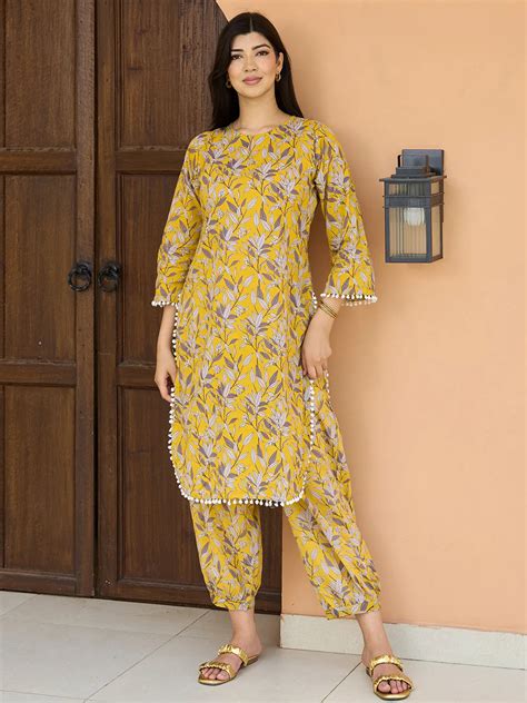 Buy Mustard Printed Cotton Pathani Kurta Set Online at Rs.924 | Libas