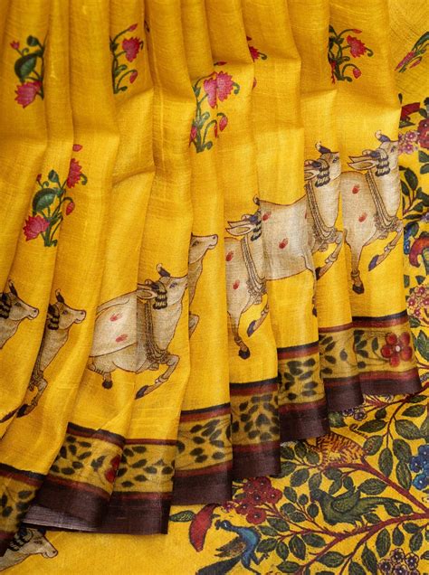 Yellow Pichwai Printed Pure Tussar Designer Saree – Clio Silks