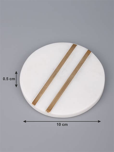 Round White Marble Coaster Set - 4 Pieces | Brass Inlay Work