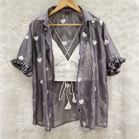 Dark Grey Heart Embroidery Chiffon Shirt & White Chikan Bra Combo ...