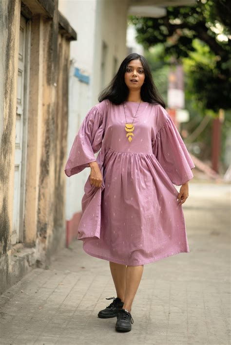 Lilac Front Pleated Boat Neck Soft Cotton Brocade Dress with Shoulder ...