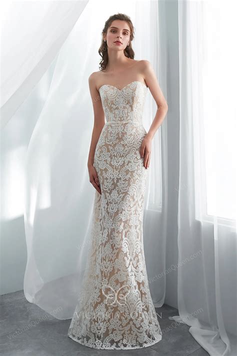 Champagne Lace Mermaid Wedding Gown with Tulle Overskirt - VQ