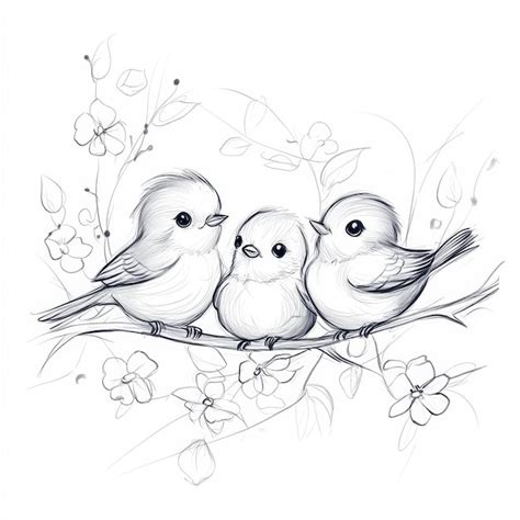 A drawing of three birds on a branch with flowers and the word birds ...