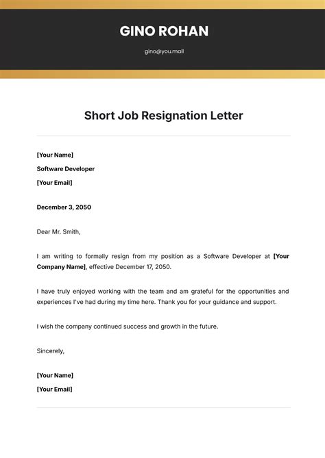 Free Short Job Resignation Letter Template to Edit Online