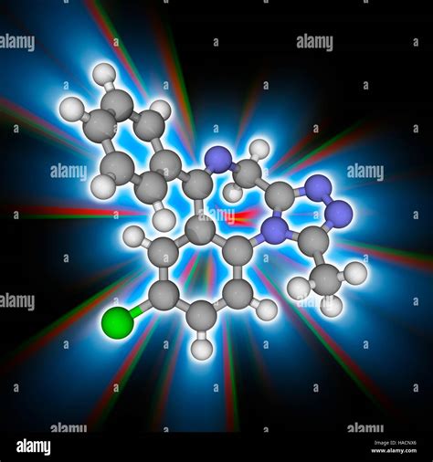 Alprazolam. Molecular model of the sedative drug alprazolam (C17.H13.Cl.N4). Sold under the ...