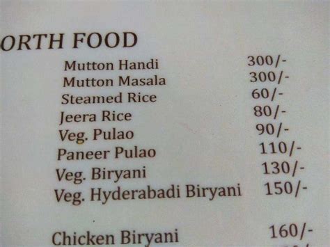 Menu at Goa Darbar, Maina