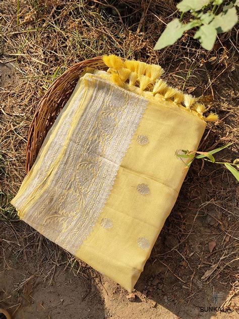 Shop Yellow Pure Khaddi Chiffon Banarasi Silver Zari Handloom Saree ...