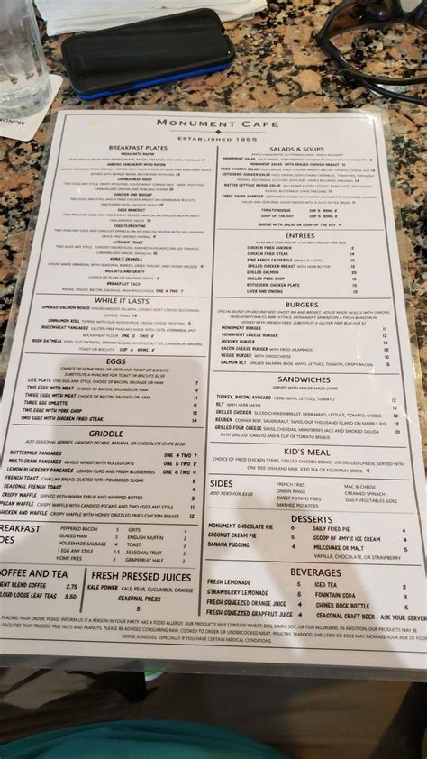 Menu at Monument Cafe, Georgetown, 500 S Austin Ave