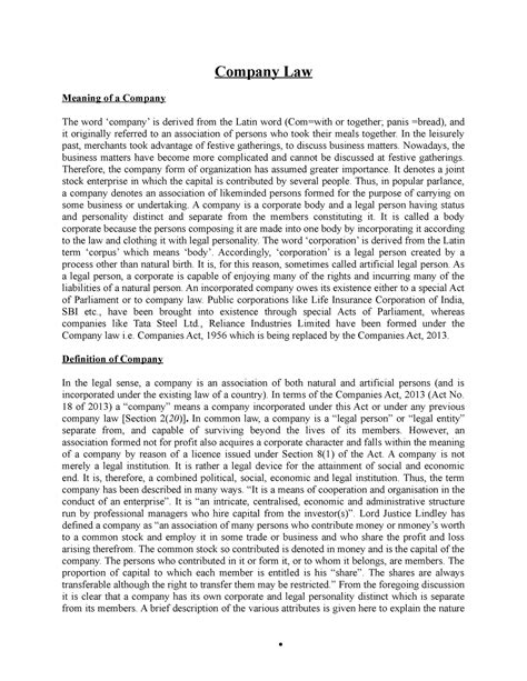 Company law - notes - Company Law COMPANY AS A BUSINESS MEDIUM Meaning ...