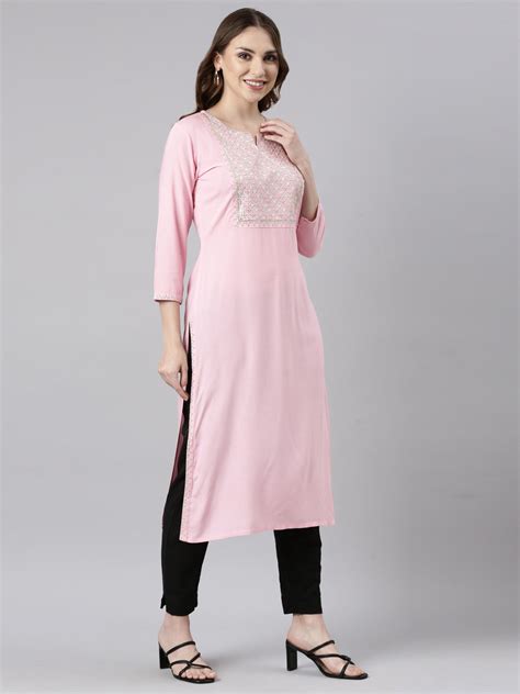 Neerus Pink Panelled Straight Solid Kurtas – Neerus India