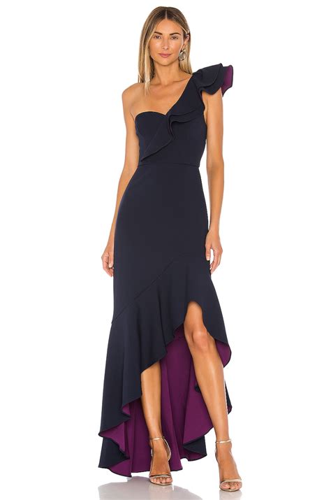 BCBGMAXAZRIA One Shoulder Hi Low Gown in Dark Navy Combo | REVOLVE