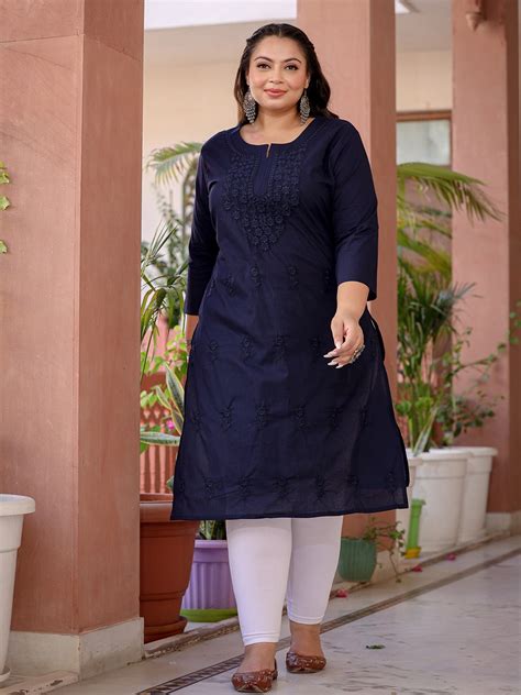 Navy Blue Floral Plus Size Chikankari Kurti Women – Yufta Store