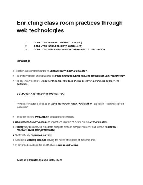 Enhancing Classroom Practices with CAI, CMI, and CMC in Education - Studocu