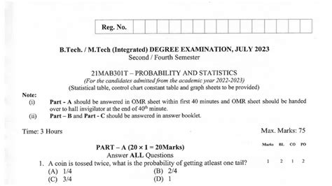 21MAB301T - Probability and Statistics Final Exam July 2023 - Studocu