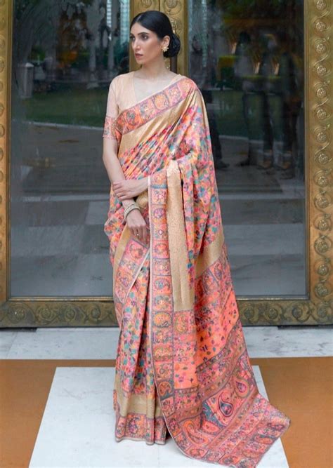 Kashmiri Jamawar Silk Peach Pashmina Saree Online Shopping Best Price ...