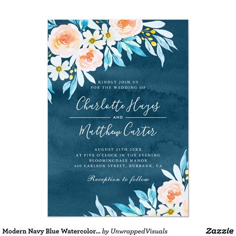 Modern Navy Blue Watercolor Floral Wedding Invitation | Floral wedding ...