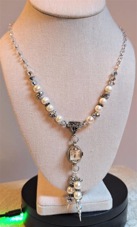 Elgin White Gold Upcycled Vintage Watch Swiftie Style Necklace Hematite ...