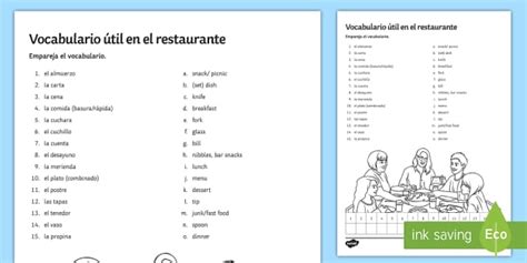 Useful Vocabulary at the Restaurant Worksheet / Worksheet - Spanish
