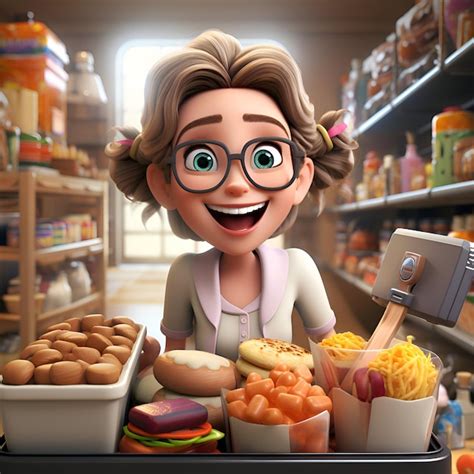 Ilustração 3D de personagem de desenho animado com comida no carrinho ...
