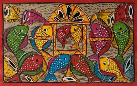 Fishes with instruments: Santhal Pattachitra | Bengal art | Home Decor