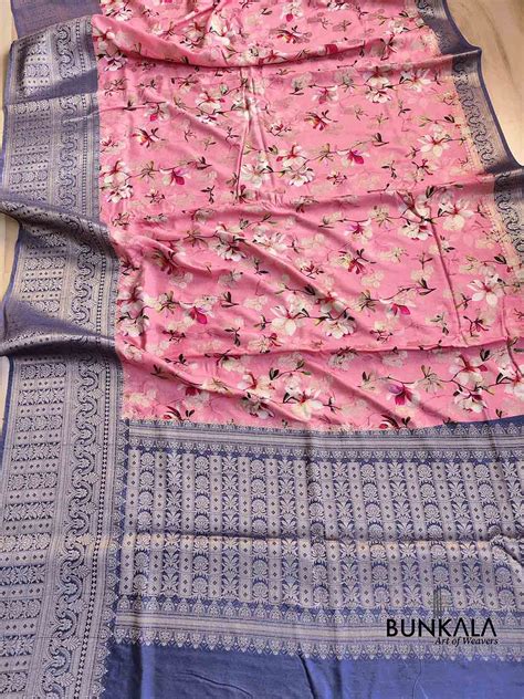 Shop Rose Pink Floral Printed Cotton Saree with Blue Contrast Border ...