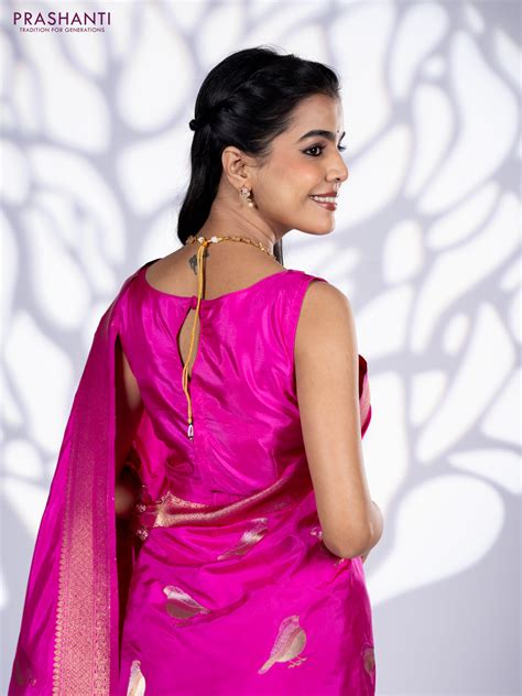 Banarasi semi katan saree pink with zari woven bird buttas and zari wo ...