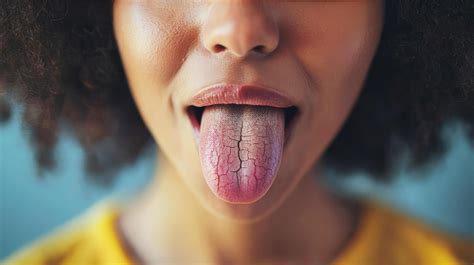 Woman with cracked tongue showing signs of dehydration against a blue background 59555378 Stock ...