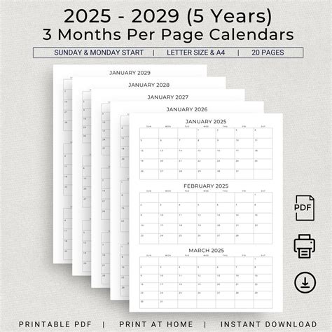 5 Years Calendar 2025 to 2029 Printable 3 Months per Page Calendar ...