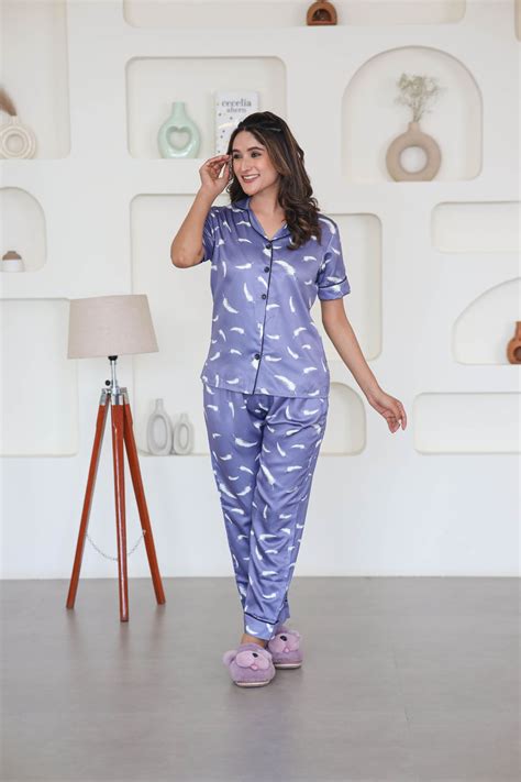Lavender Feather Print Silk Satin Night Suit - Best Nightwear – Smarty ...