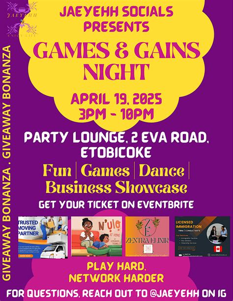 JAEYEHH SOCIALS GAMES AND GAINS NIGHT, 2 Eva Road, Etobicoke, 19 April ...