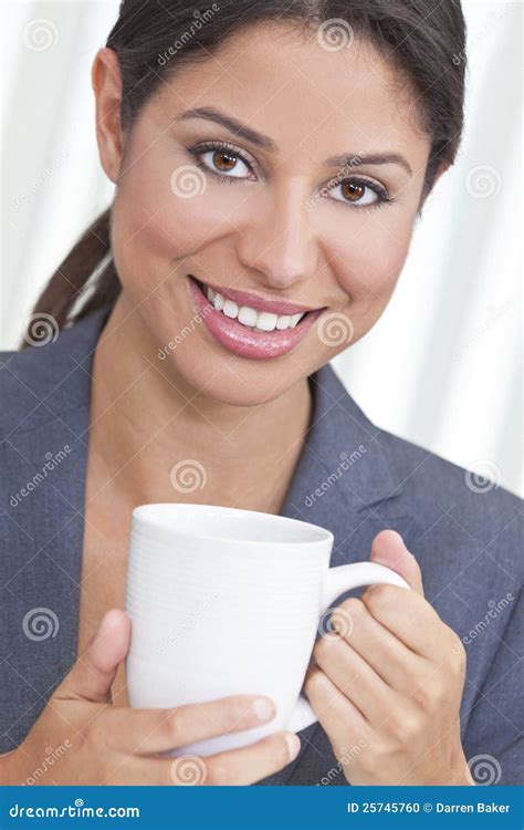 Happy Hispanic Woman Drinking Tea or Coffee Stock Photo - Image of ...