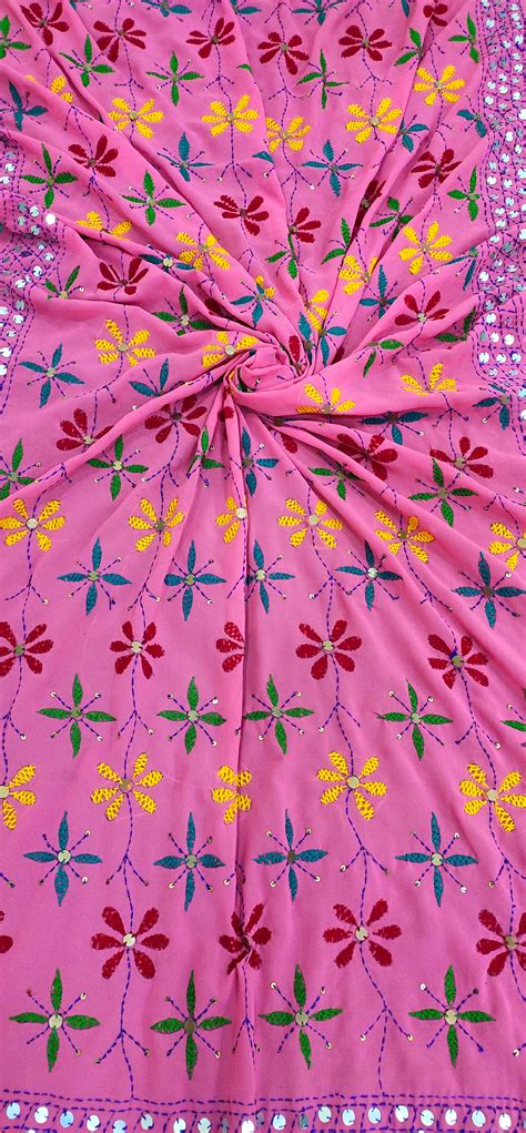 Parsi Work Hand Embroidered Georgette Dupatta - Pink – Phulari