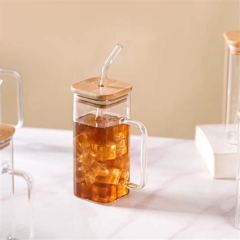 Tall Square Glass Sipper Set Of 4 With Glass Straw 400ml Online ...