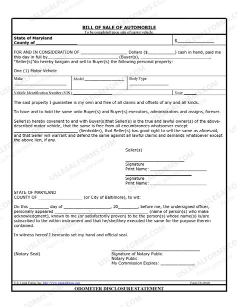 Maryland Bill of Sale of Automobile and Odometer Statement | US Legal Forms