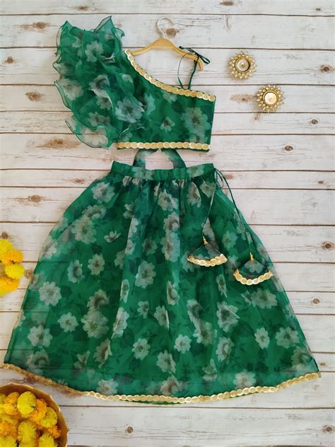 Forest Green Organza Kid's Lehenga