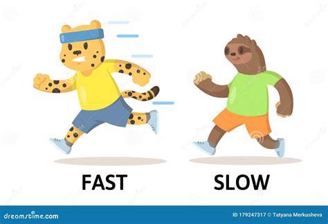Words Fast And Slow Flashcard With Cartoon Animal Characters. Opposite ...