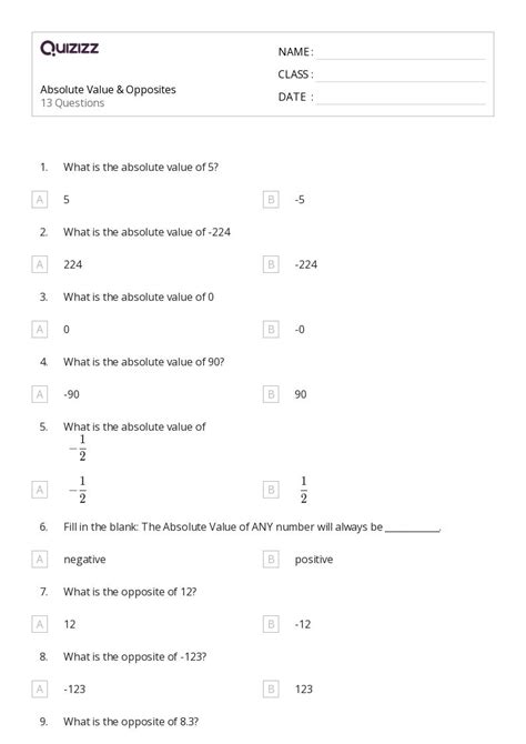 Image result for 7th Grade Absolute Value Worksheets