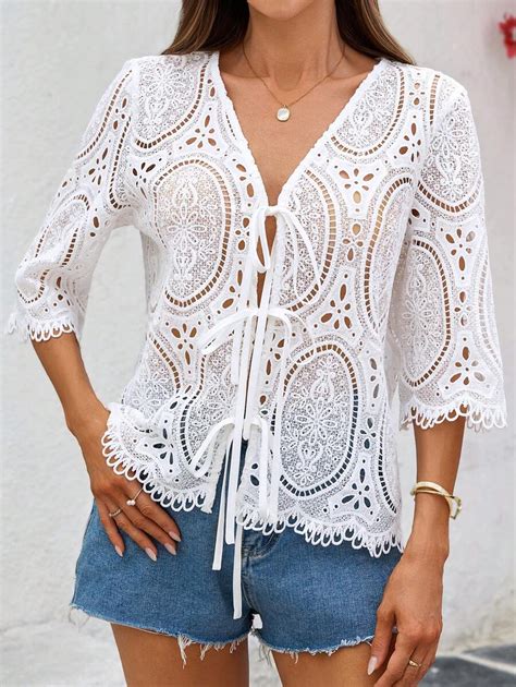 SHEIN Clasi Women's Embroidered Romantic Lace Faux Shirt Summer Outfits ...