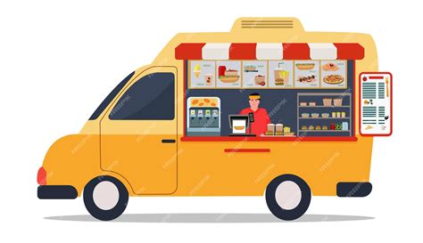 Premium Vector | Fast food on wheels, yellow food truck, menu, smiling ...
