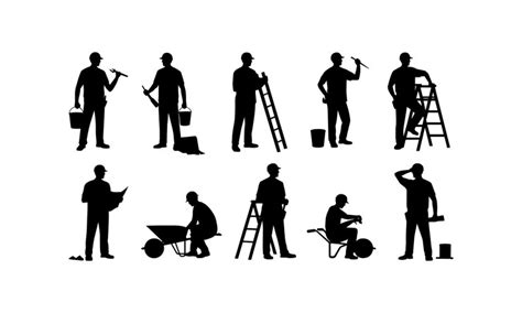 Silhouettes of construction workers with bucket ladder and tools on ...