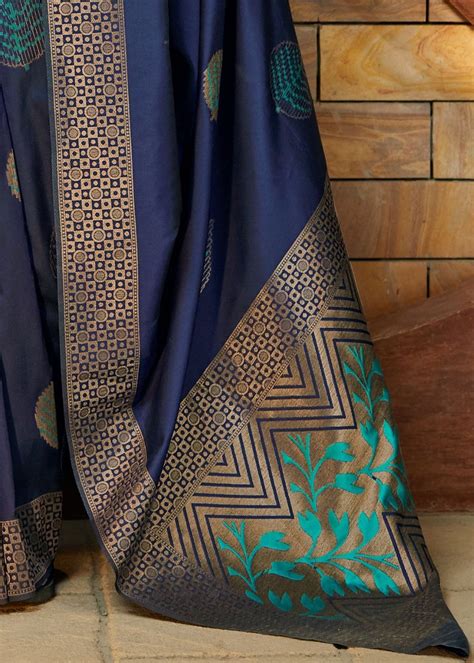 Navy Blue Silk Saree with Zari Border - Clothsvilla