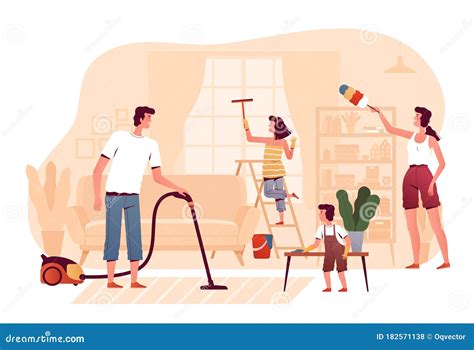 Happy Family is Cleaning at Home in the Living Room. Parents and ...